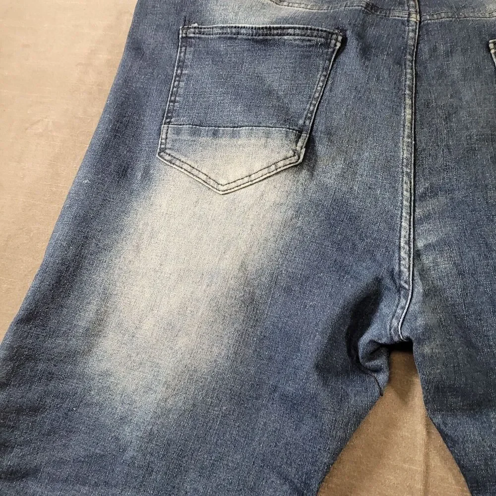 Encrypted Baggy Distressed Zipper Knees‎ Jeans Mens Blue Actual Size 44 x 33
